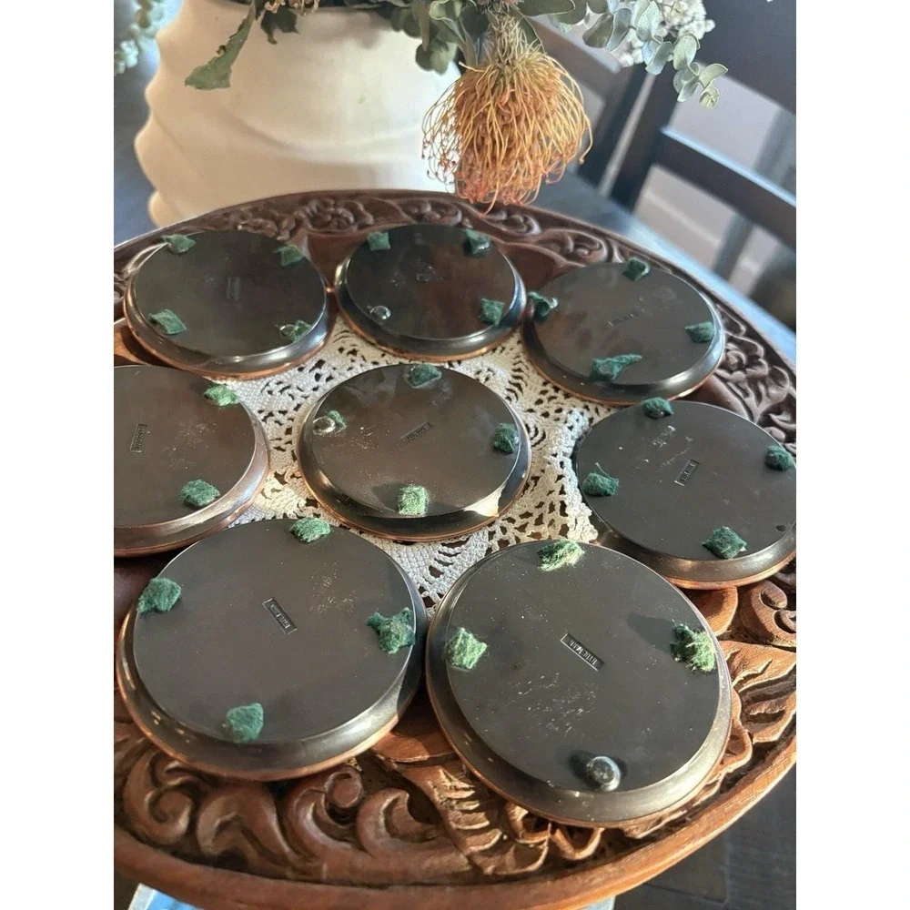 Vintage Hyde Park Copper Metal Coasters Set of 8 Heraldic Crest Shield Caddy MCM